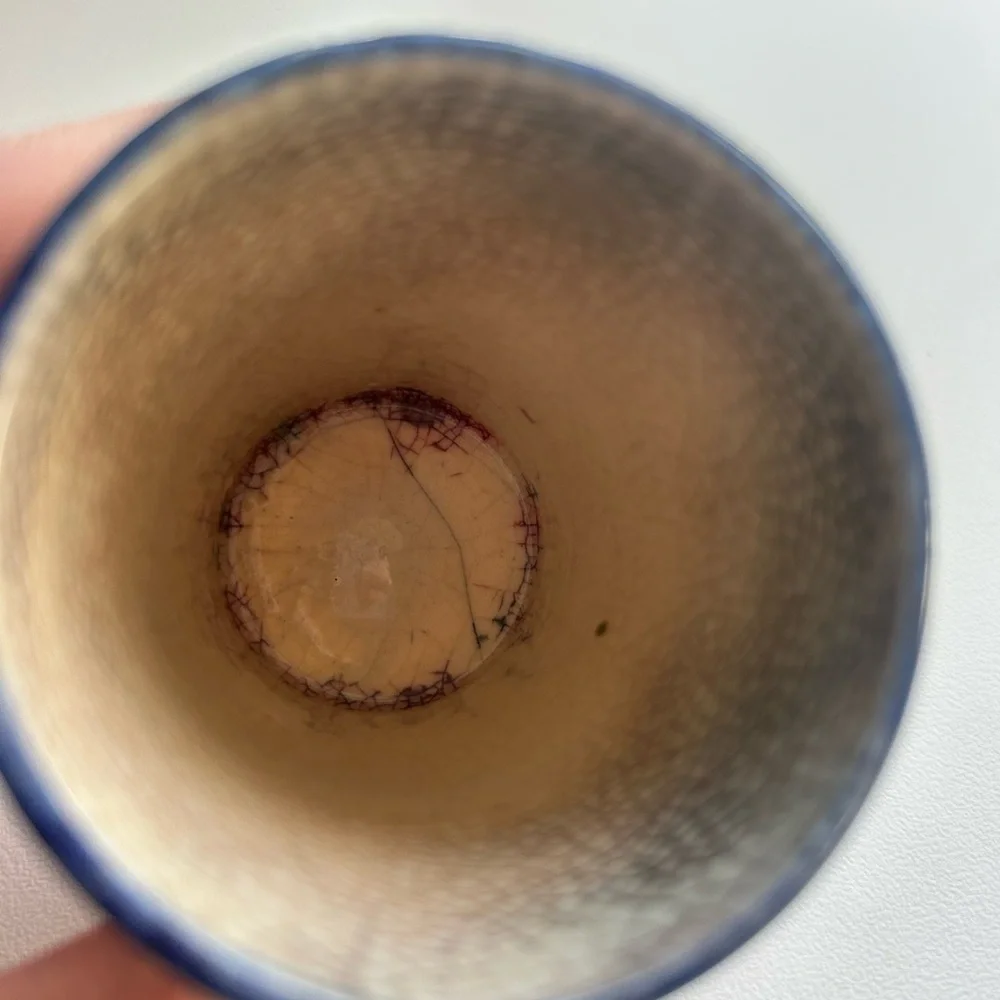 Japan Oribe Tea Ceremony cup single crackle glaze floral 3 inches